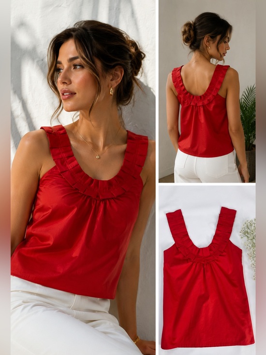 Zara Tops - Zara Basic Red Ruffle Neck Cotton Tank Top Women’s Size L Summer Vacation Casual